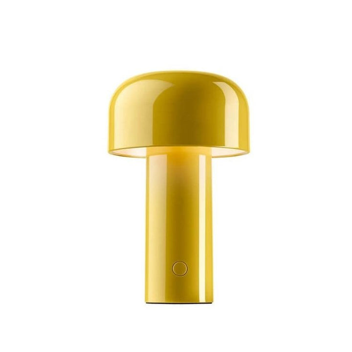 Glossy yellow mushroom lamp glowing warmly on a white background, front view with the button 5