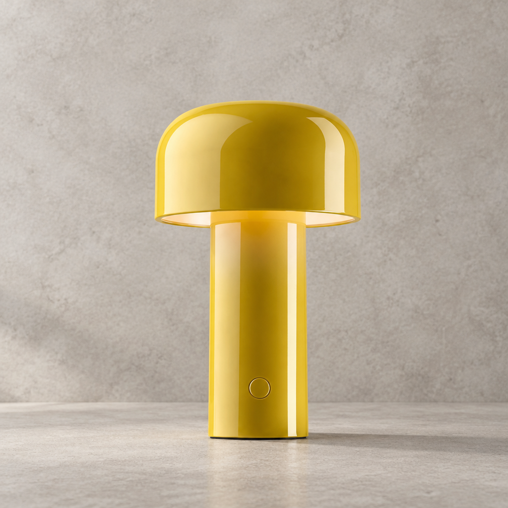 Glossy yellow lamp glowing under its dome shade, touch button visible on the stem 31