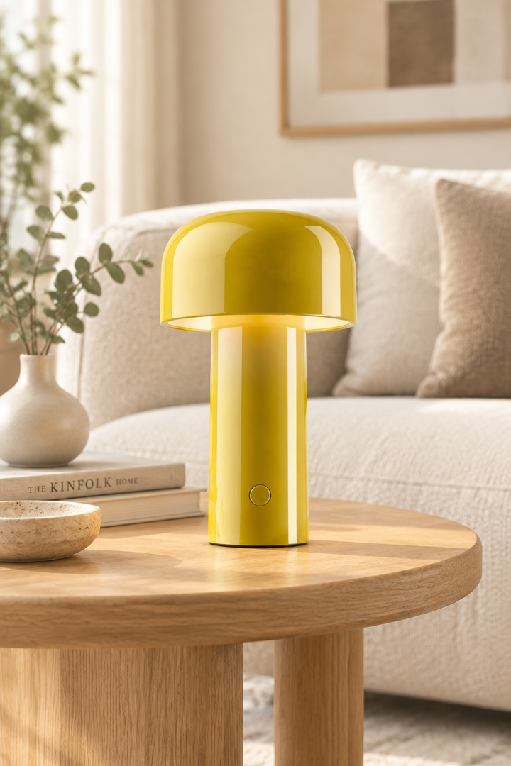 Glossy yellow mushroom lamp lit on a round wooden table in a cozy living room 29