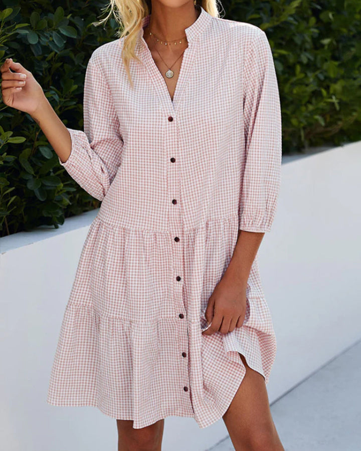 Light A-line summer dress with check pattern – Juliette-Blue-S-Nora Luxe