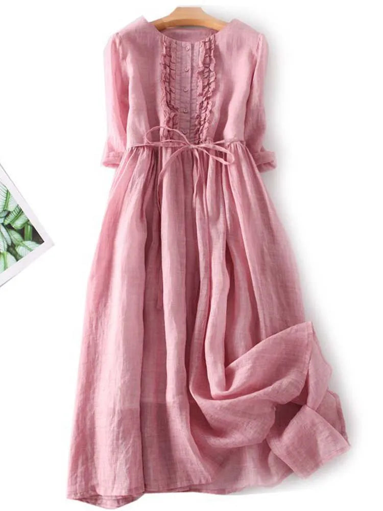 Light Linen Dress with Pleat Detail - Sofia-Pink-M-The Livary