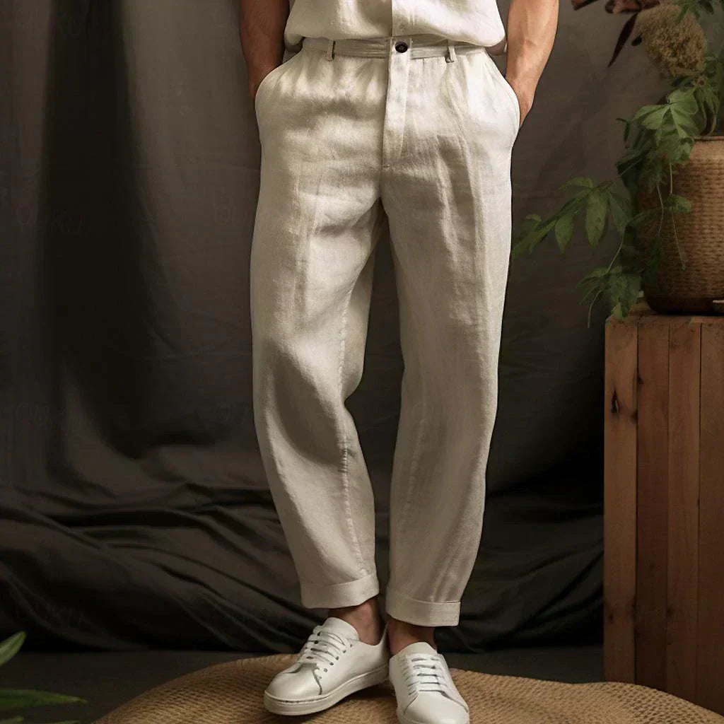 Light men's linen trousers with a relaxed fit – Luca-Khaki-S-Nora Luxe