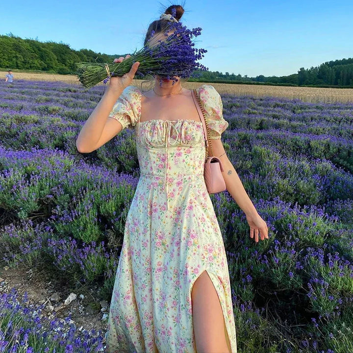 Light & Stylish Summer Dress with Floral Print and Puff Sleeves - Elina-S-Nora Luxe
