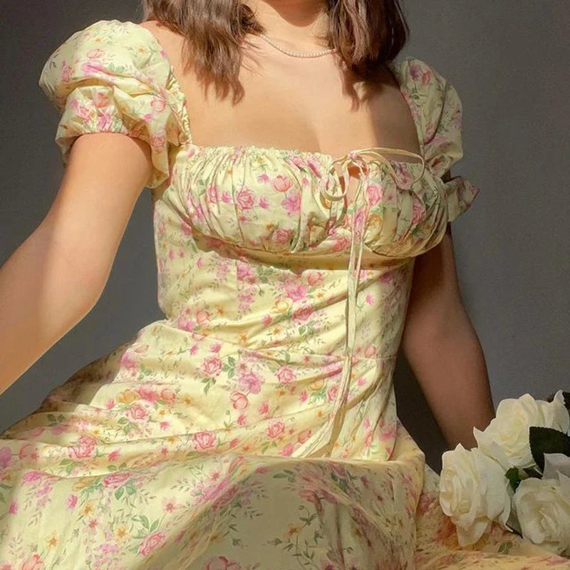Light & Stylish Summer Dress with Floral Print and Puff Sleeves - Elina-S-Nora Luxe
