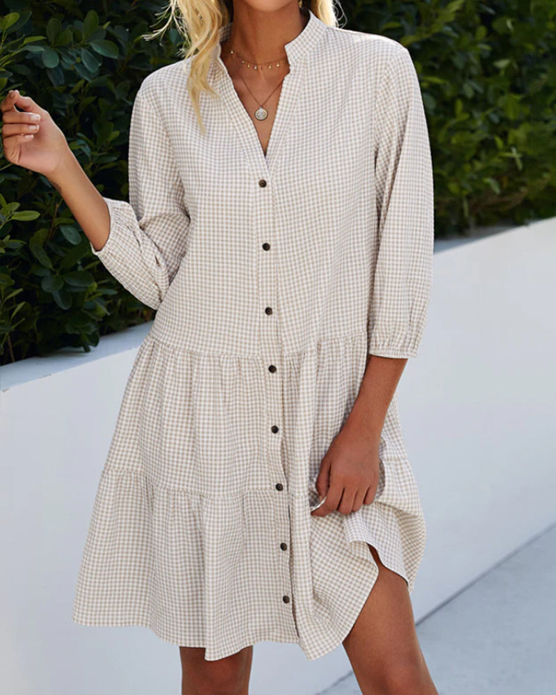 Light summer dress for women made of cotton with V-neck – Nayana-Khaki-S-Nora Luxe