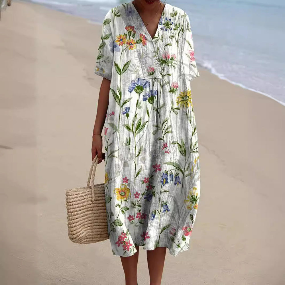 Light summer flower dress for women with V-neck and comfortable cut – Talia-Flowers-S-Nora Luxe