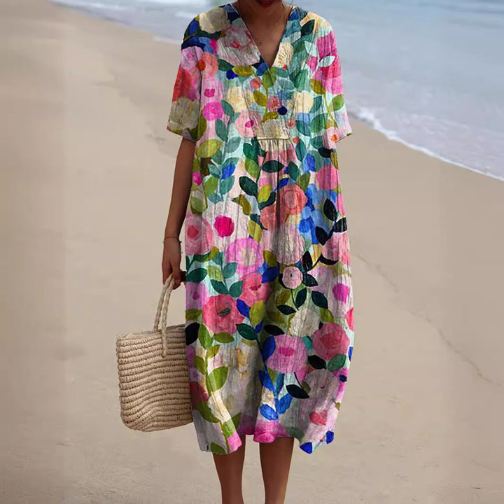 Light summer flower dress for women with V-neck and comfortable cut – Talia-Flowers-S-Nora Luxe