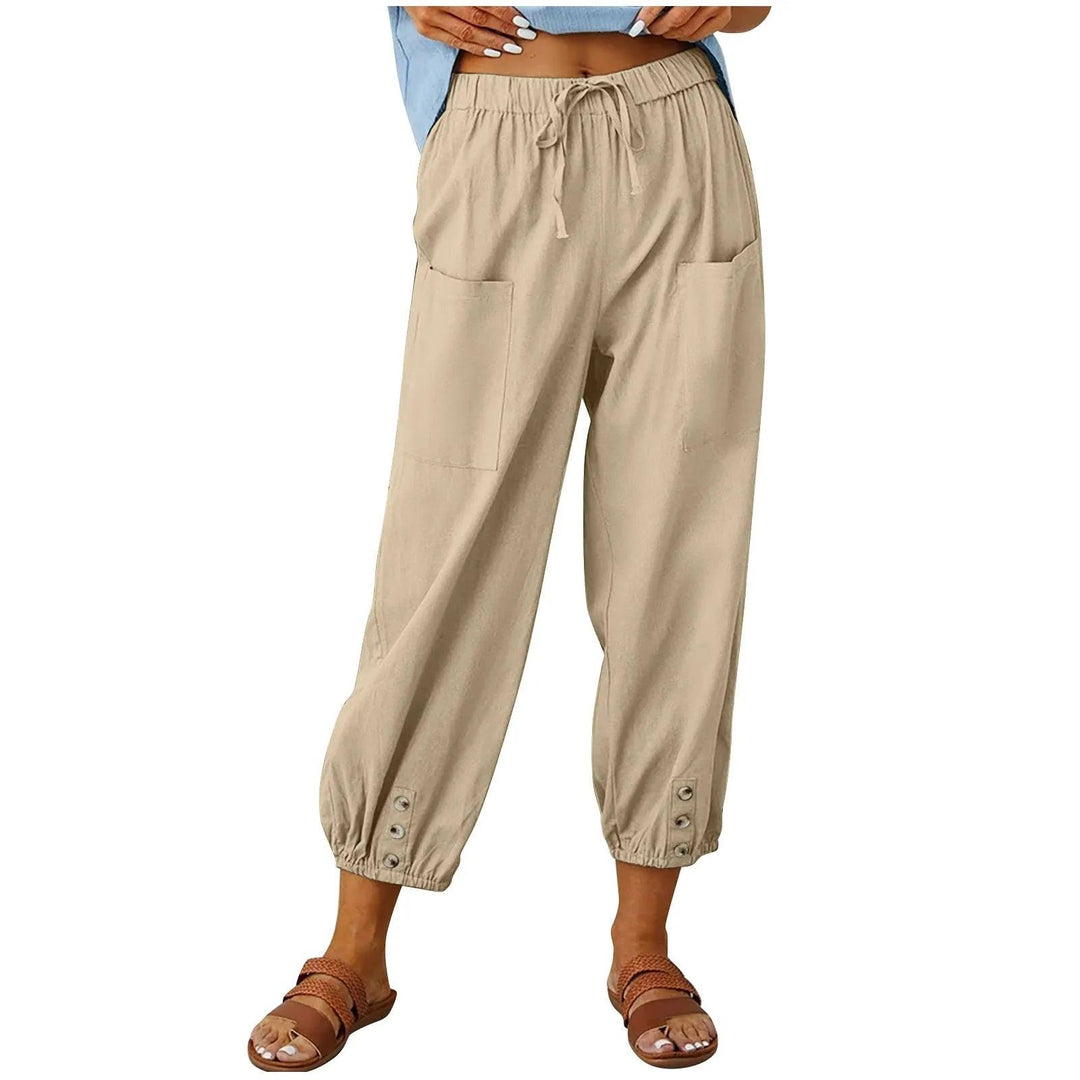 Light summer linen trousers with drawstring & wide cut – Mira-Khaki-S-Nora Luxe
