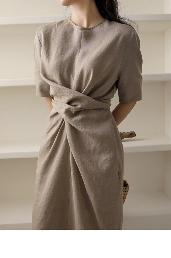 Lightweight Khaki Summer Dress with Adjustable Waist – Isalie-XS-State of Style