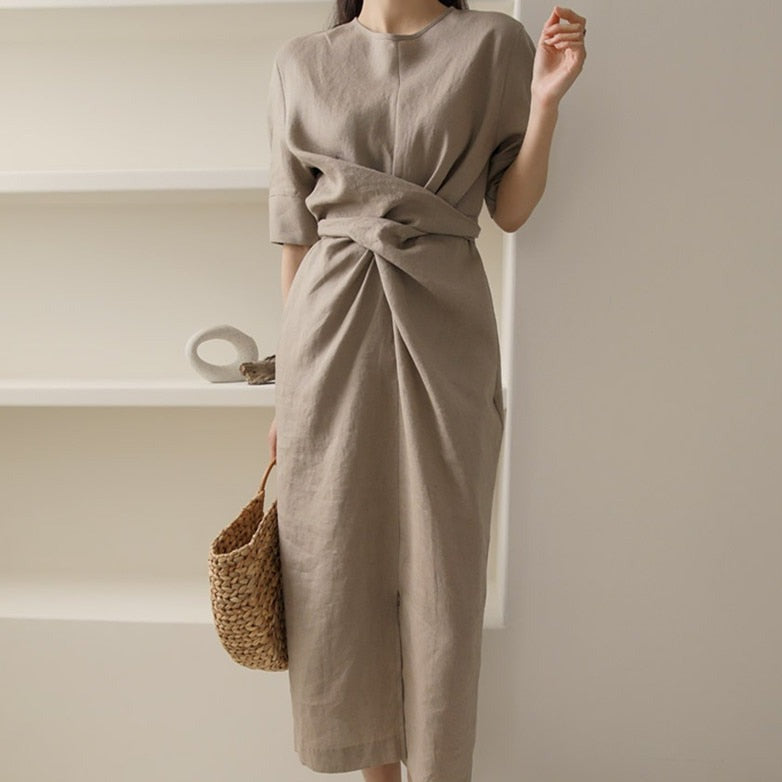 Lightweight Khaki Summer Dress with Adjustable Waist – Isalie-XS-State of Style