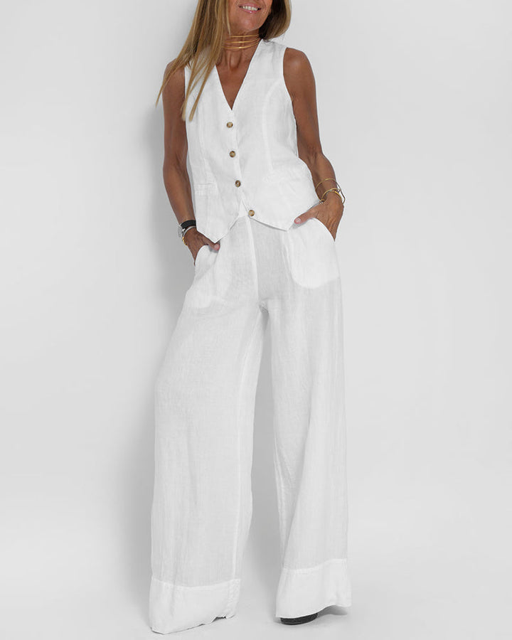Linen 2-Piece Set with Wide Trousers and Jacket – Alma-White-S-The Livary