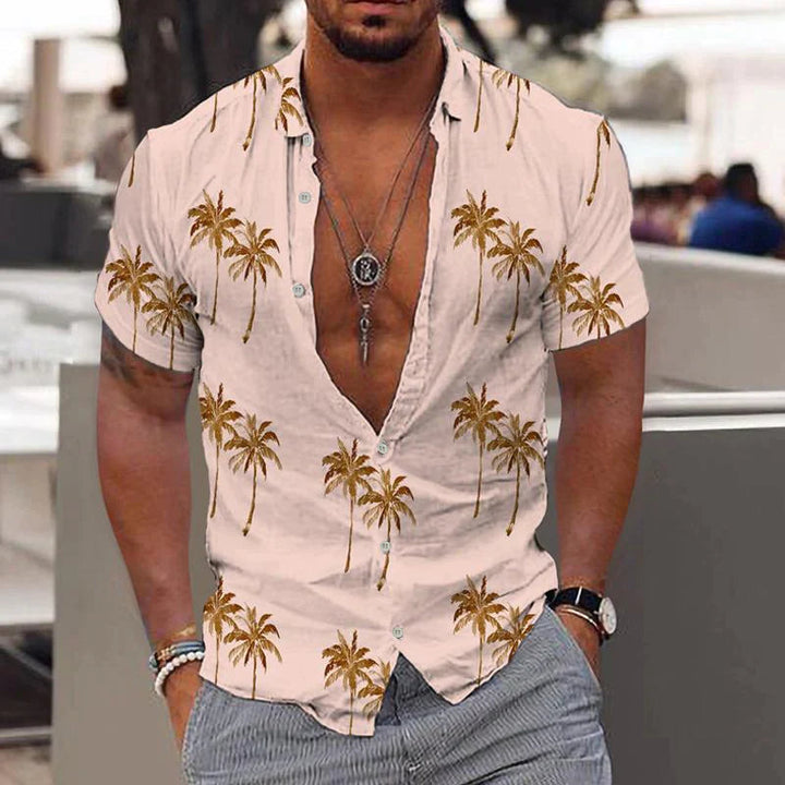 Linen Men's Shirt with Short Sleeves – Matteo-Beige-S-The Livary