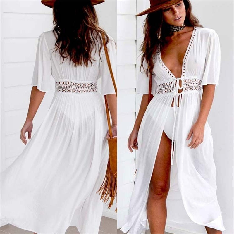 Long Beach Dress with Lace Detail and Bow Closure – Elara-White-XS-State of Style