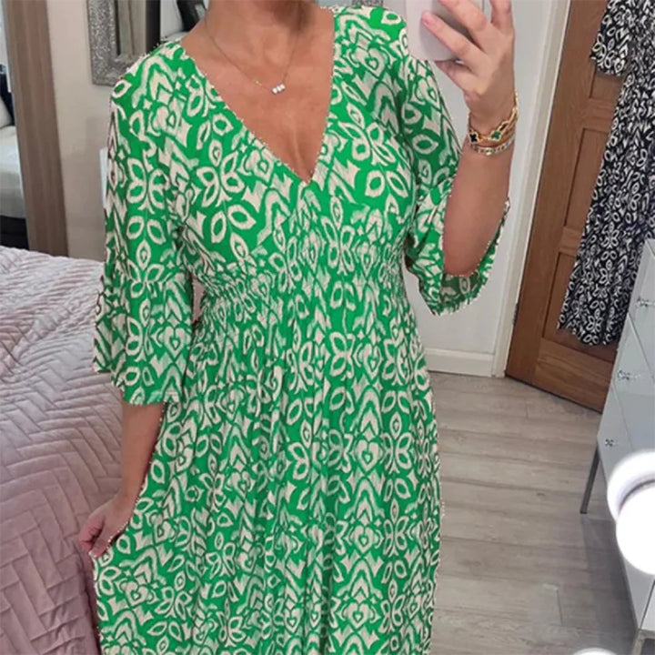 Long Floral Dress with V-neck – Liora-S-Green-Nora Luxe