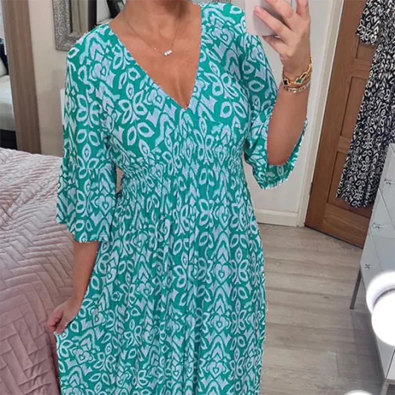 Long Floral Dress with V-neck – Liora-S-Light blue-Nora Luxe