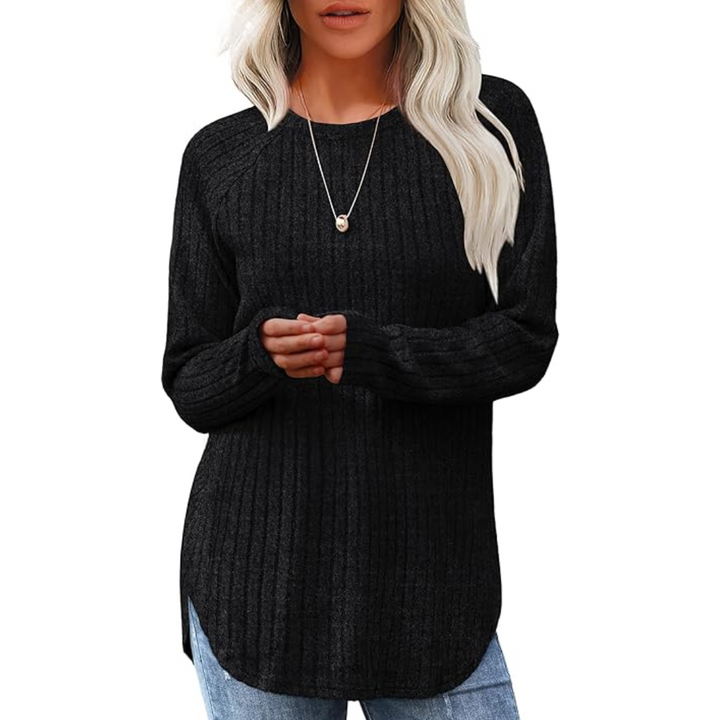 Loose Fit Crew Neck Sweater Tunic - Barbara-Black-S-Nora Luxe