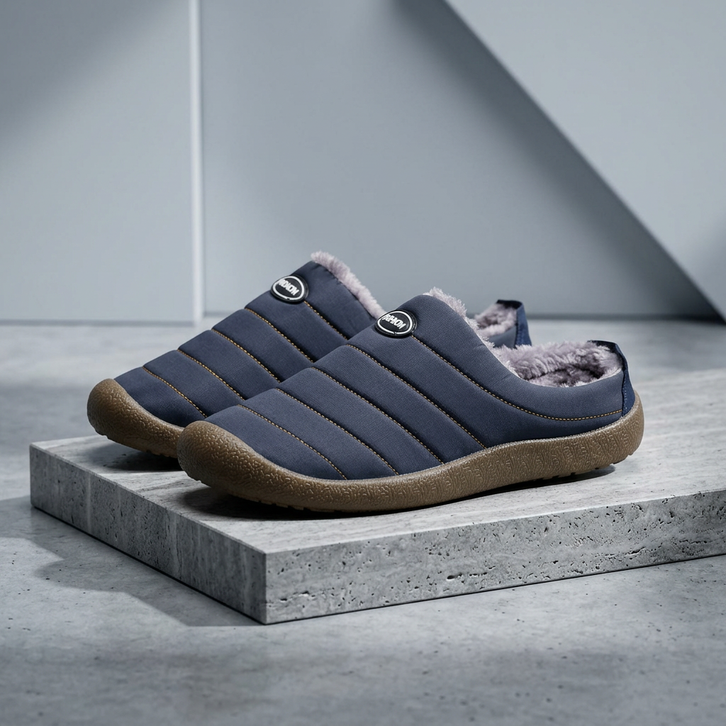 Navy blue quilted slippers on a concrete block against a soft gray backdrop 18