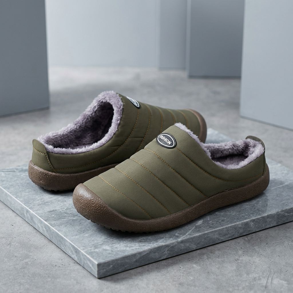 Olive green slippers on a gray stone slab, showing the heel and plush lining 17