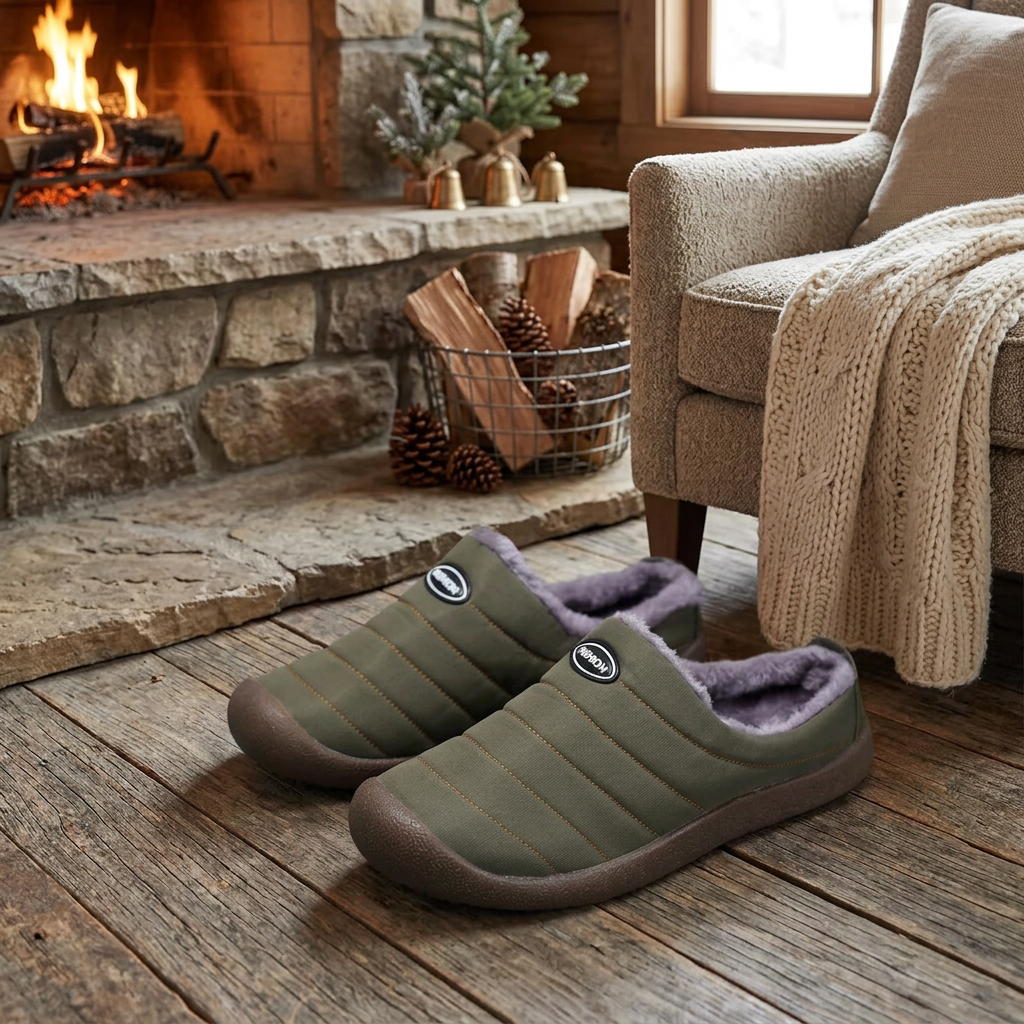 Olive green quilted slippers with fleece lining on a wood floor beside a stone fireplace 1