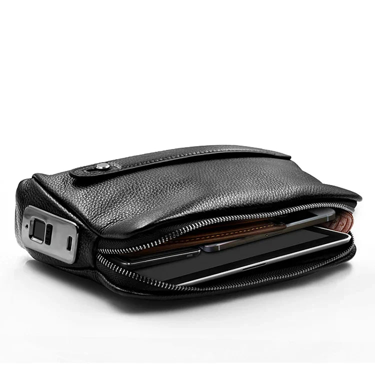 Men’s Leather Anti-Theft Clutch with Fingerprint Lock – Blackish-Blue