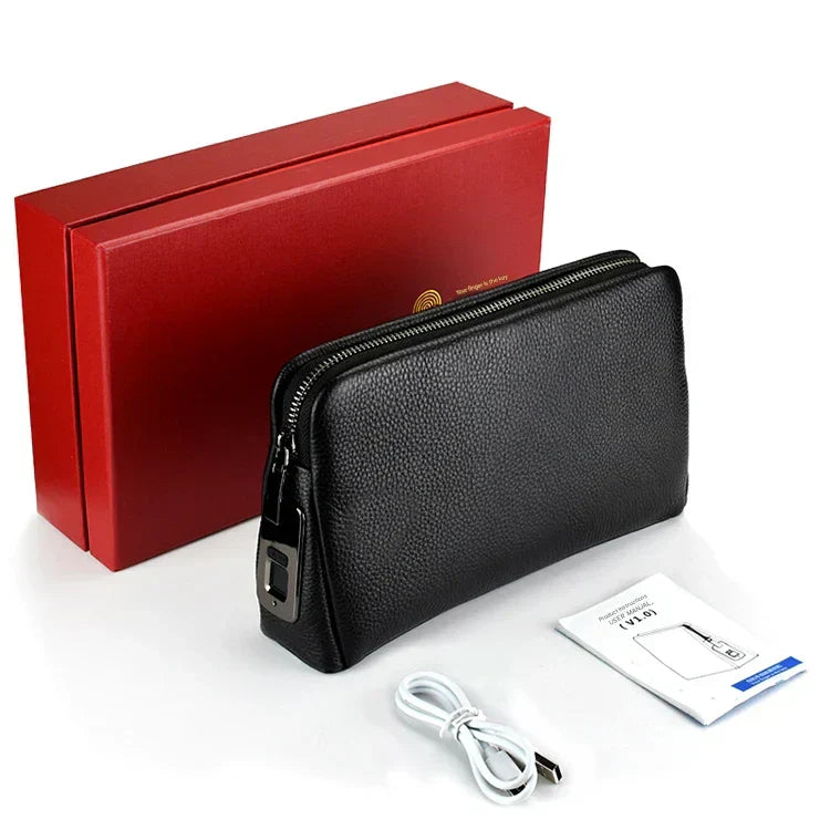 Men’s Leather Anti-Theft Clutch with Fingerprint Lock – Blackish-Blue