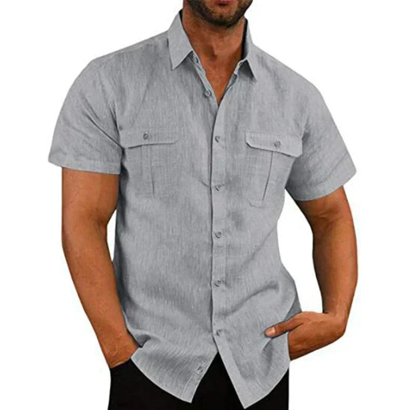Men's Short-Sleeve Shirt with Chest Pockets and Kent Collar – Lennard-Gray-S-Nora Luxe