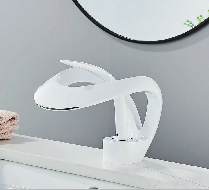 Messing Basin Mixer Tap with Waterfall Spout - Flowarc-White-The Livary