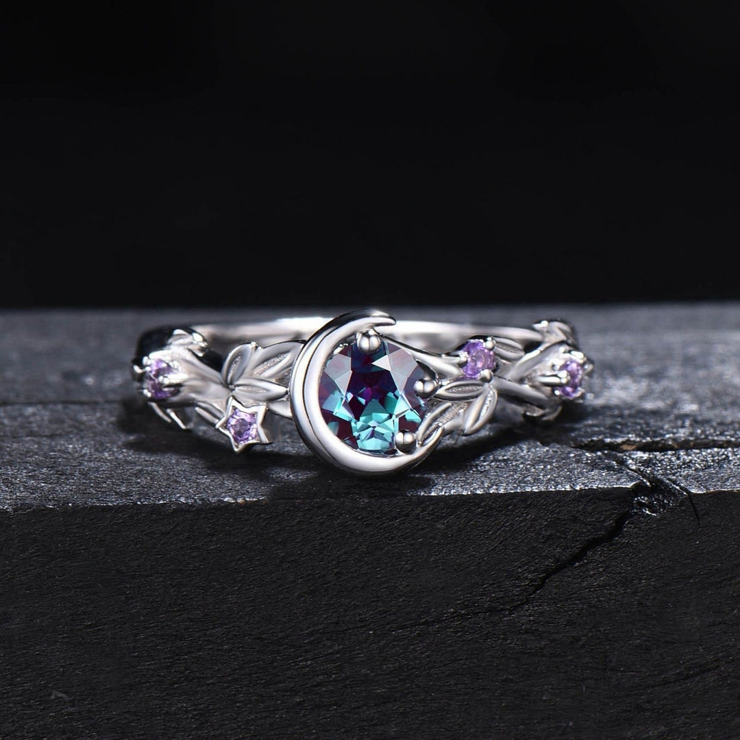 Moonstone Color-Changing Alexandrite and Amethyst Engagement Ring - Elara-Silver-1.93 inches-Nora Luxe