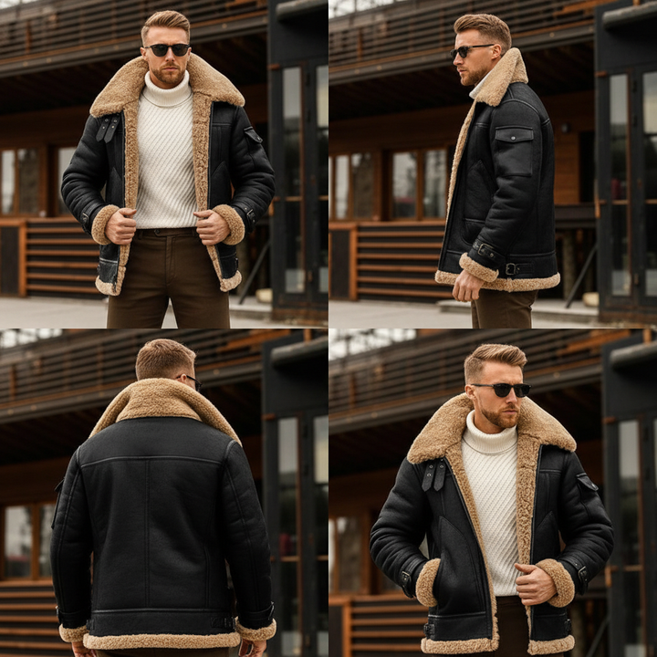 Four-panel collage showing the black shearling jacket from the front, side, back and a angled front view 3
