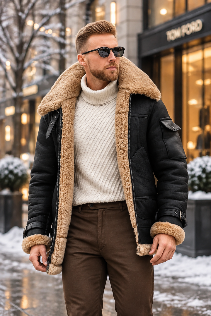 Man in a black shearling jacket with a wide fleece collar and cream turtleneck on a snowy city street 1
