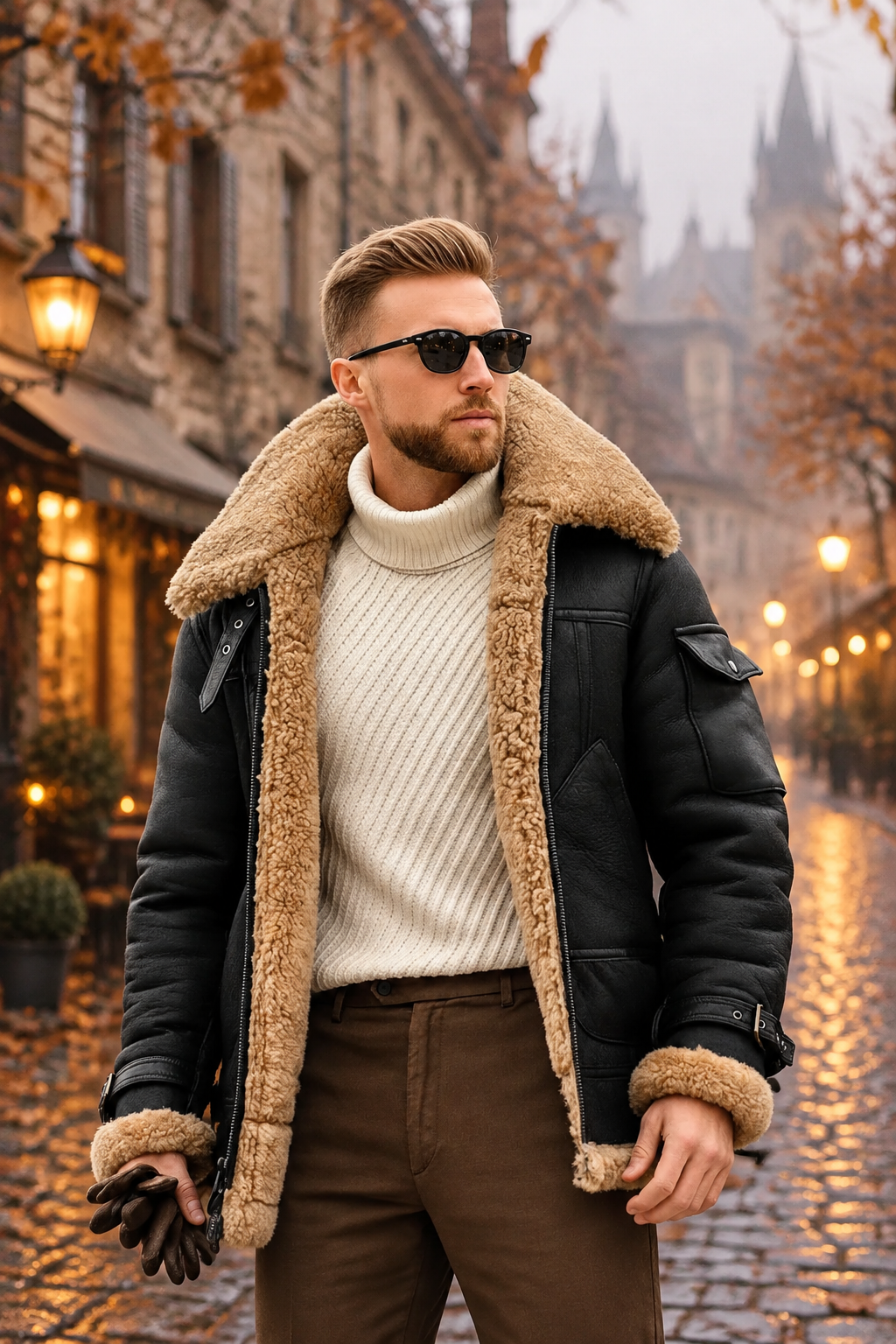 Man in black shearling jacket, cream turtleneck and sunglasses on a lamplit cobblestone street in autumn 1