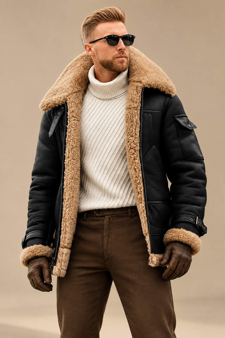 Model in black shearling jacket with wide fleece collar over a cream turtleneck, brown gloves, beige backdrop 1