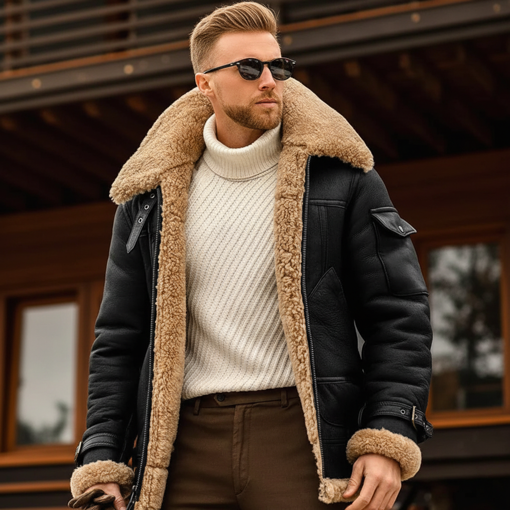 Close three-quarter view of the black jacket's fleece collar, cuffs and chest pocket, worn over a cream ribbed turtleneck 2