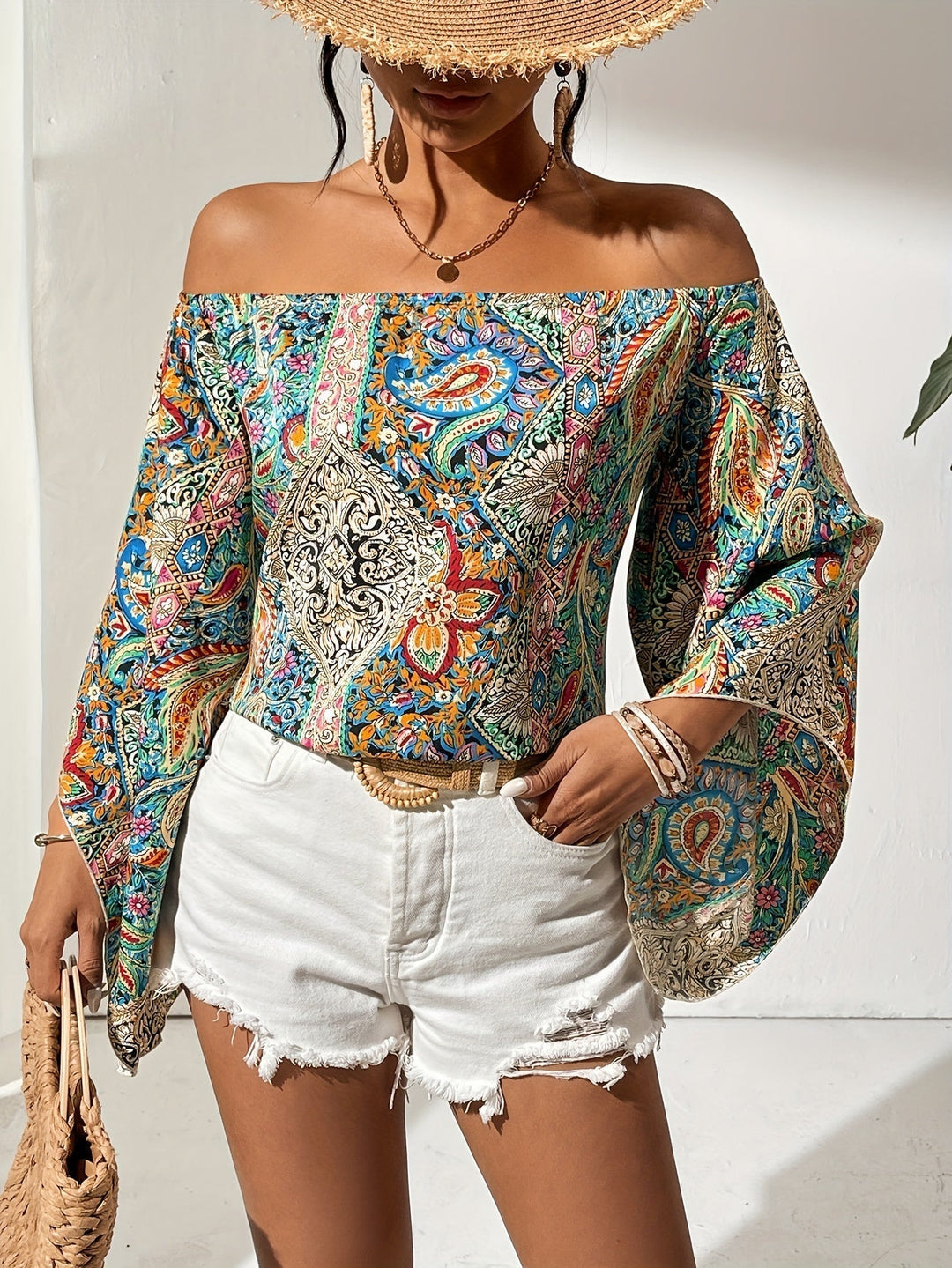 Off-Shoulder Blouse with Geometric Print – Noémie-Green-S-State of Style