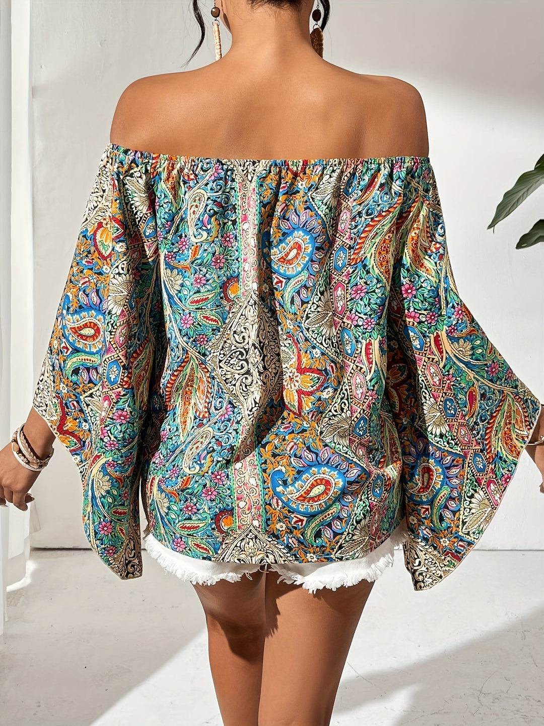 Off-Shoulder Blouse with Geometric Print – Noémie-Green-S-State of Style