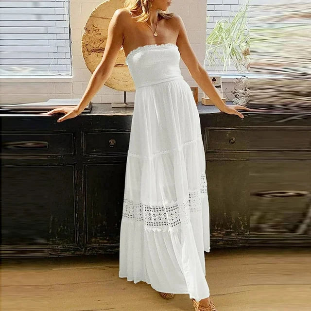 Off-Shoulder Maxi Dress with Lace Details – Isaline-White-S-State of Style