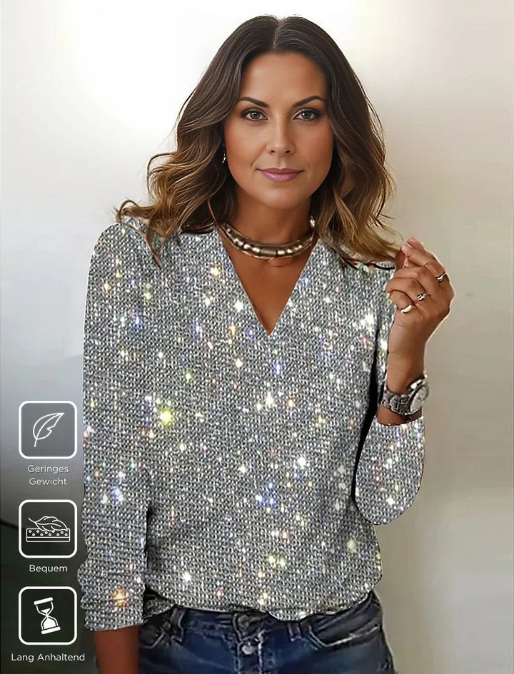 Camiseta de manga longa com decote em V de brilho disco prateado - GlamFrost