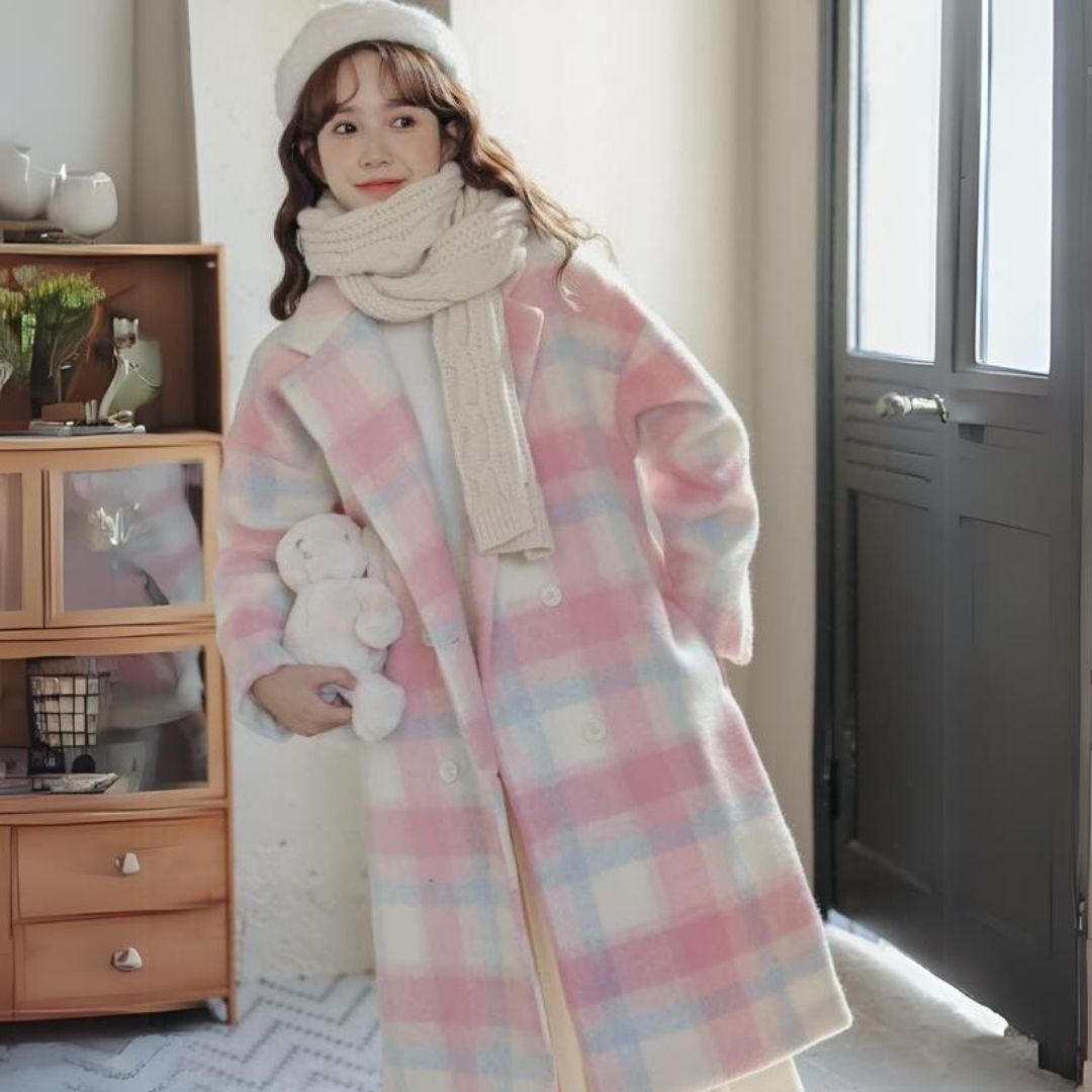 Pastel-Colored Checked Wool Mix Coat with Double-Breasted Buttons - Sofie-XS-Nora Luxe
