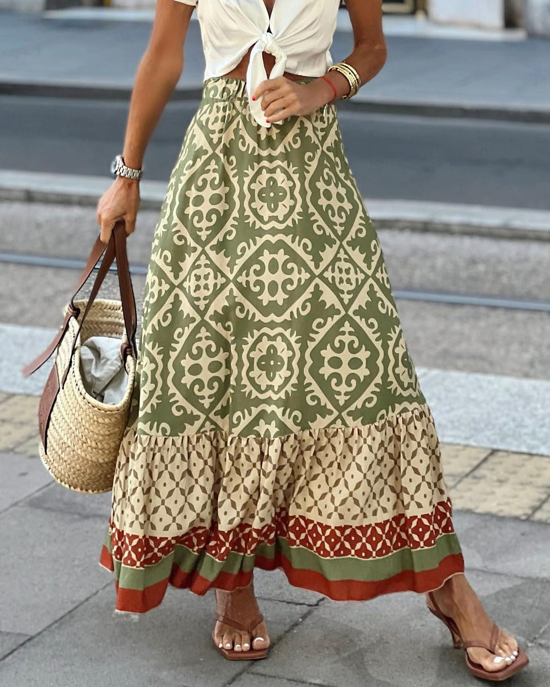Printed Boho maxi skirt with a flowing cut & fringes – Yalina-Green-S-Nora Luxe