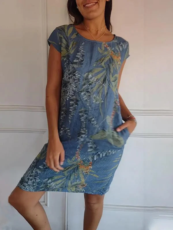 Printed dress with round neckline – Eveline-Blue-S-Nora Luxe