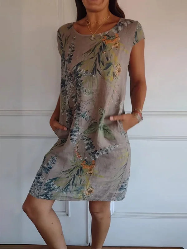 Printed dress with round neckline – Eveline-Brown-S-Nora Luxe