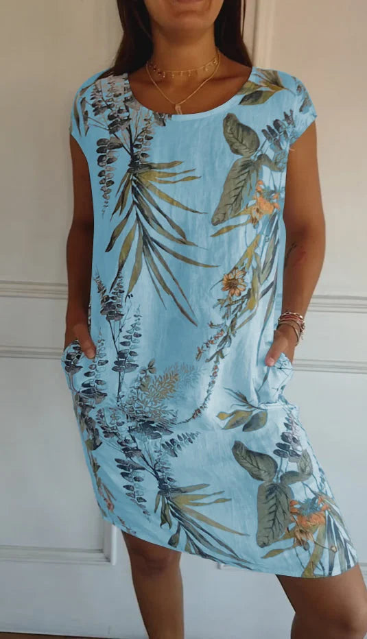 Printed dress with round neckline – Eveline-Light blue-S-Nora Luxe