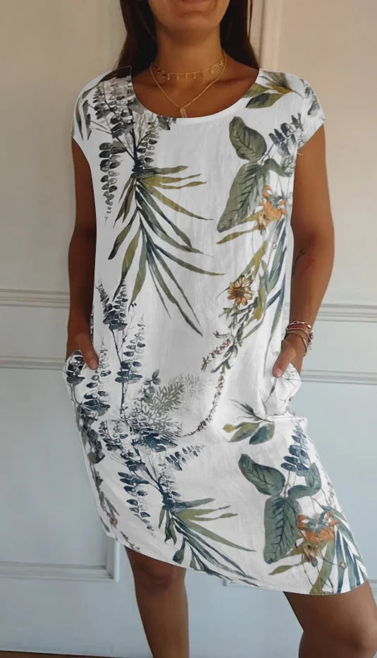 Printed dress with round neckline – Eveline-White Green-S-Nora Luxe