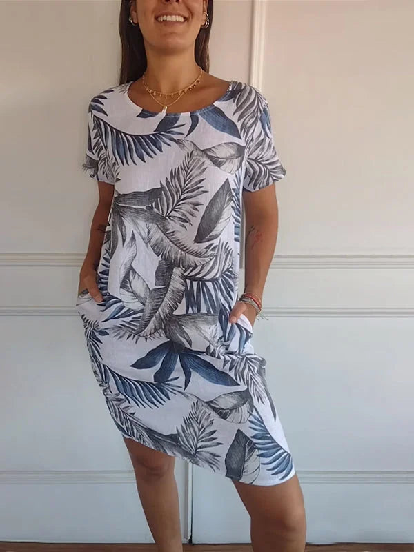 Printed dress with round neckline – Eveline-White-S-Nora Luxe