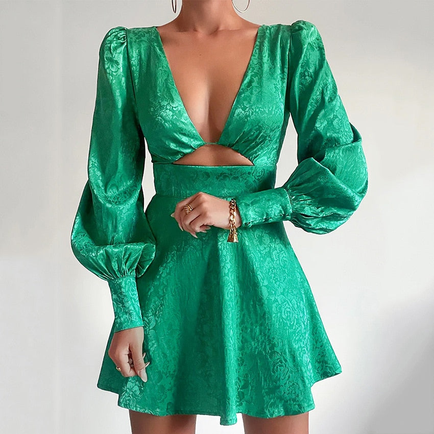 Printed satin dress with puff sleeves – Clarisse-Green-S-Nora Luxe