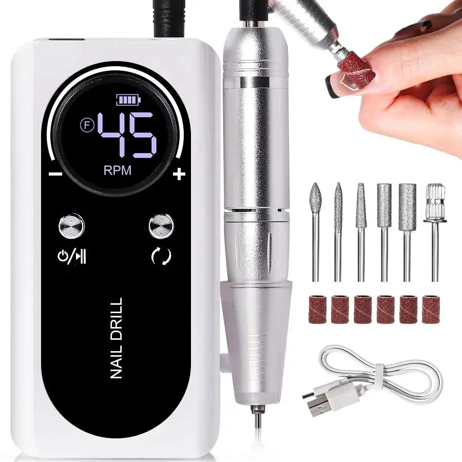 PROFESSIONAL 45000RPM PORTABLE ELECTRIC NAIL FILE WITH RECHARGEABLE BATTERY | LOW NOISE LEVEL FOR MANICURE-White-Nora Luxe