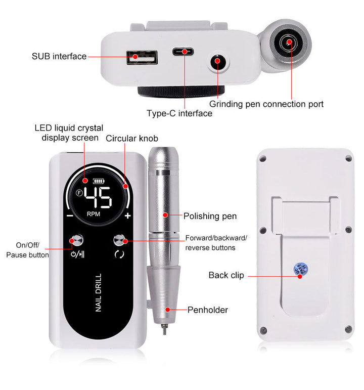PROFESSIONAL 45000RPM PORTABLE ELECTRIC NAIL FILE WITH RECHARGEABLE BATTERY | LOW NOISE LEVEL FOR MANICURE-White-Nora Luxe