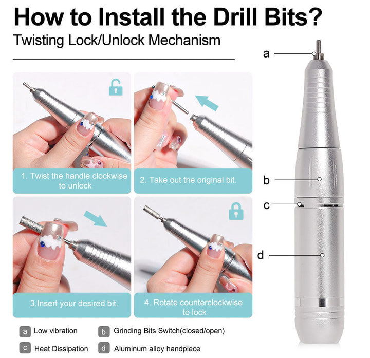 PROFESSIONAL 45000RPM PORTABLE ELECTRIC NAIL FILE WITH RECHARGEABLE BATTERY | LOW NOISE LEVEL FOR MANICURE-White-Nora Luxe