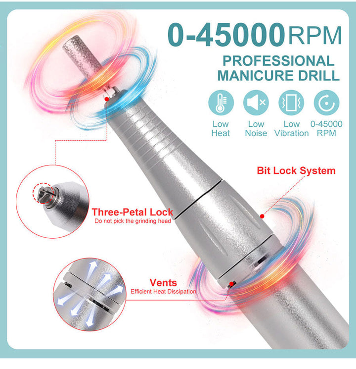 PROFESSIONAL 45000RPM PORTABLE ELECTRIC NAIL FILE WITH RECHARGEABLE BATTERY | LOW NOISE LEVEL FOR MANICURE-White-Nora Luxe