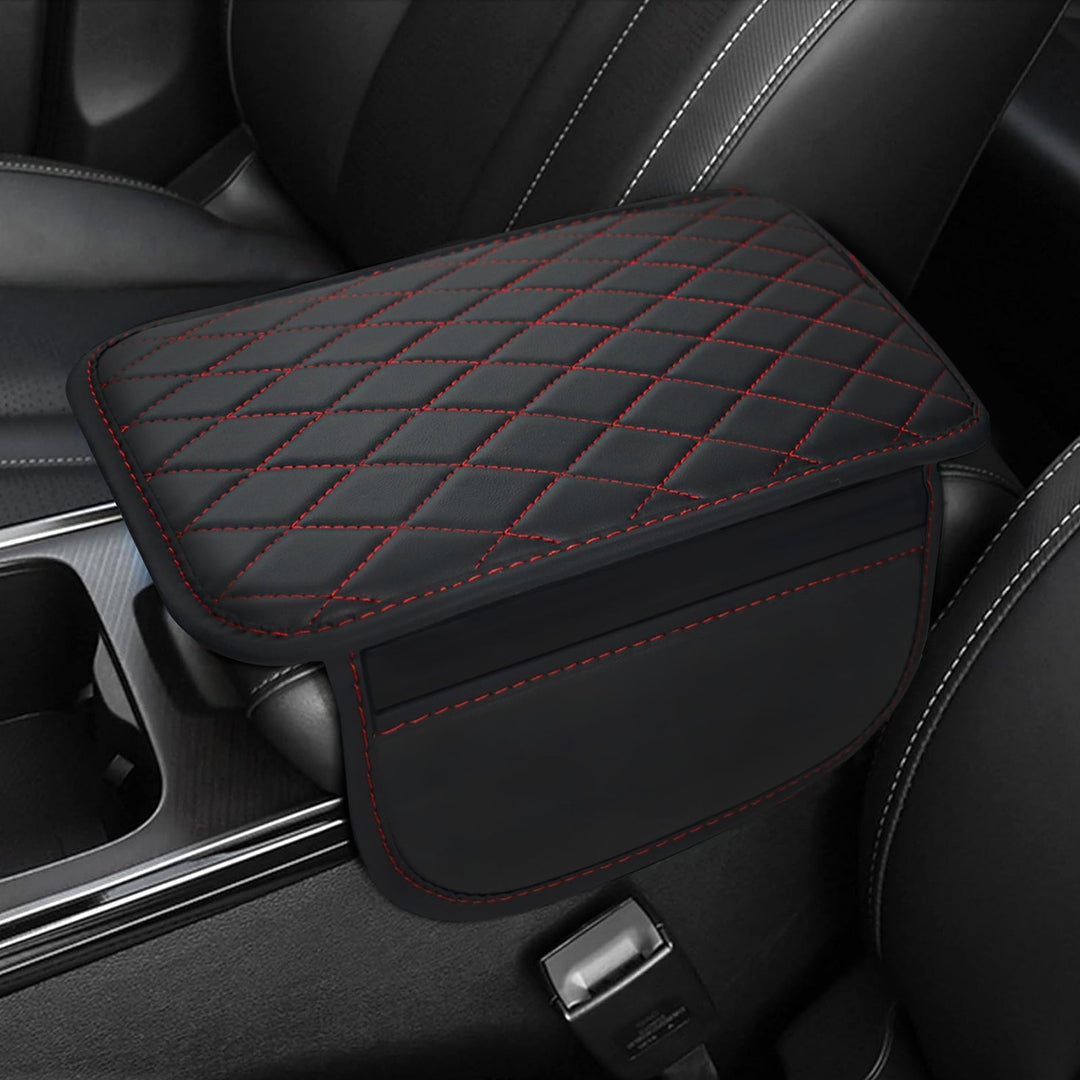 PU Leather Car Armrest Mat-Black with Red Lines-Nora Luxe